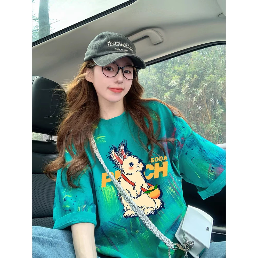 可爱风卡通涂鸦纯棉中长款T恤女网红重工彩色泼墨设计宽松上衣潮