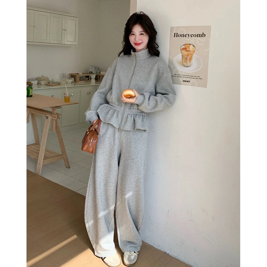 灰色设计感超火卫衣套装女秋季2025新款爆款减龄休闲阔腿裤两件套