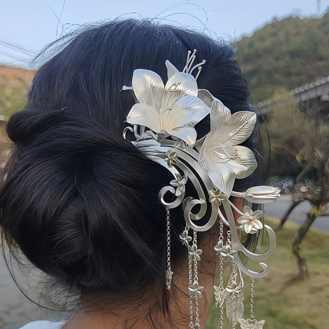 足银银制品 足银发簪百合花流苏送女友老婆结婚生日好寓意簪子