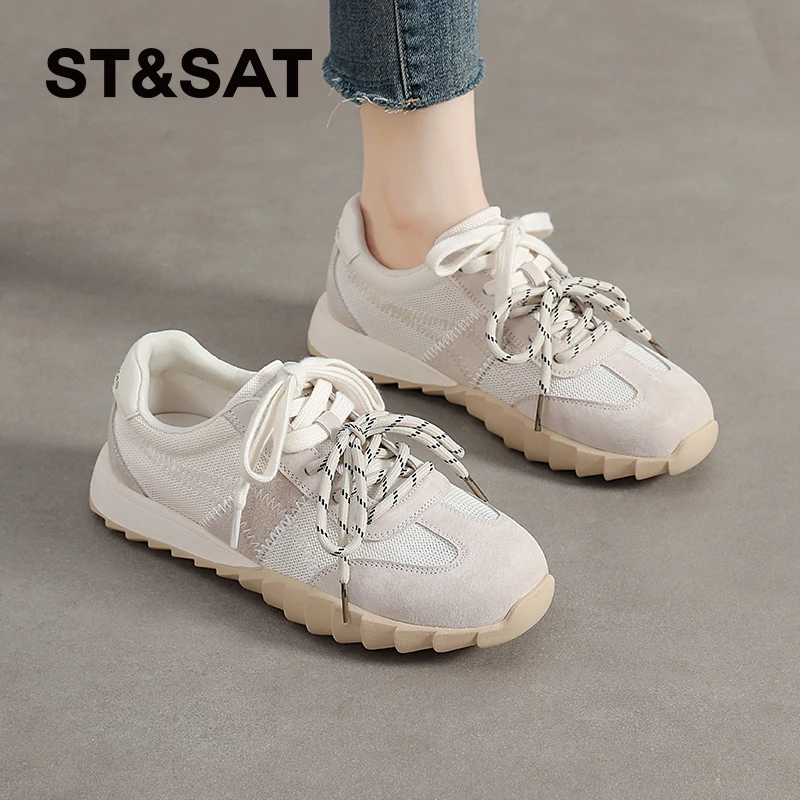 星期六女鞋2025秋季新款网面透气德训鞋拼色舒适百搭阿甘轻奢鞋子