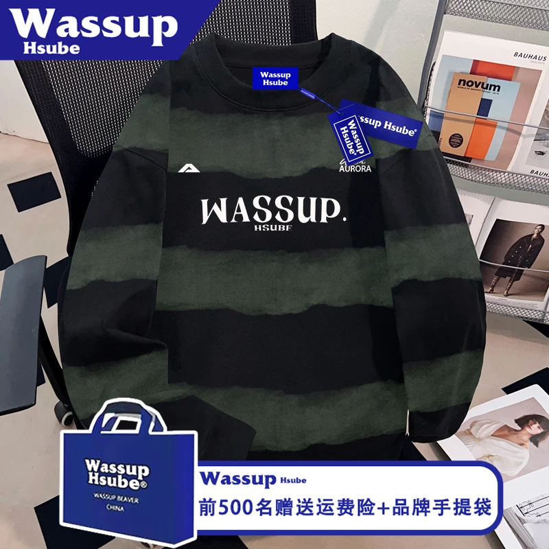WASSUP HSUBE艺术字母印花T恤男女款条纹T恤上衣秋冬100%纯棉长袖