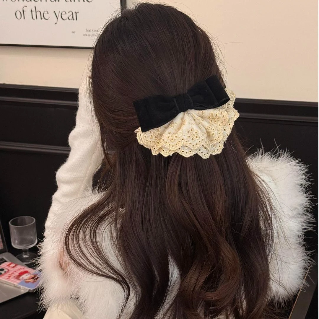 秋冬韩系蝴蝶结蕾丝花边发夹女高级感后脑勺抓夹发饰弹簧夹头饰