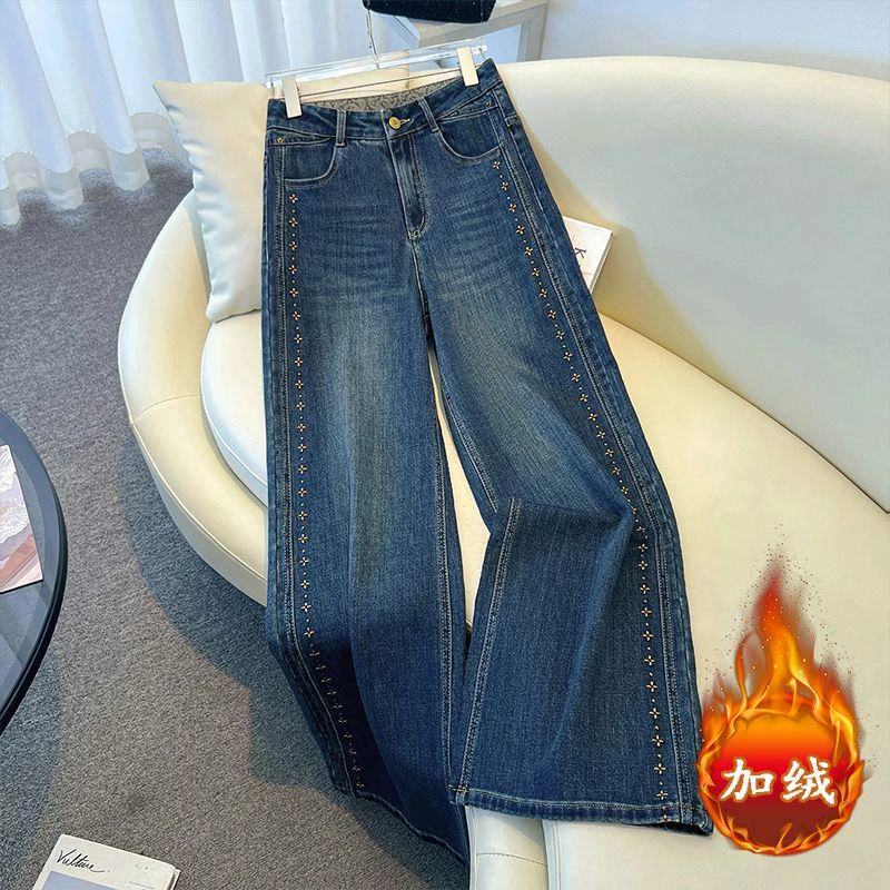 拉夏贝尔阔腿牛仔裤女2025秋冬新款设计感时尚复古刺绣宽松直筒裤