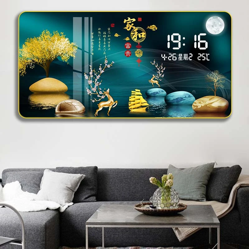 伊龙花开富贵数字显示插电款客厅沙发背景墙装饰画新中式大气横幅