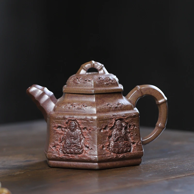 大吉羊柴烧 宜兴紫砂壶手工茶壶 本山绿泥禅心六方竹鼎280ml庄杰
