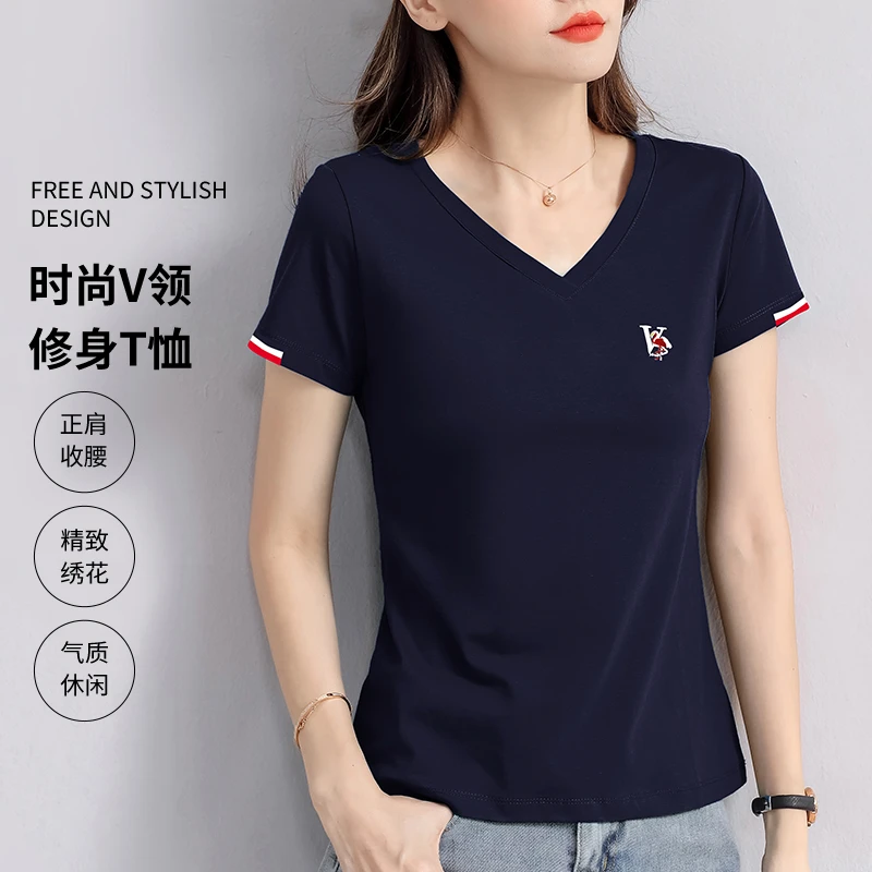 女装新款v领短袖t恤女夏季薄款上衣2025修身百搭体桖衫半袖显瘦