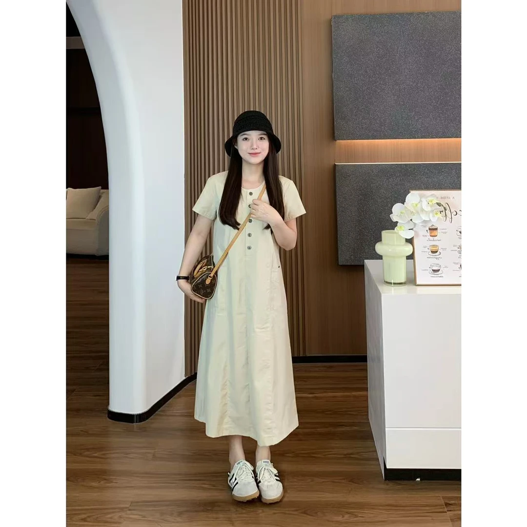 小羽酱小个子定制夏季日系棉质简约复古休闲宽松圆领短袖连衣裙