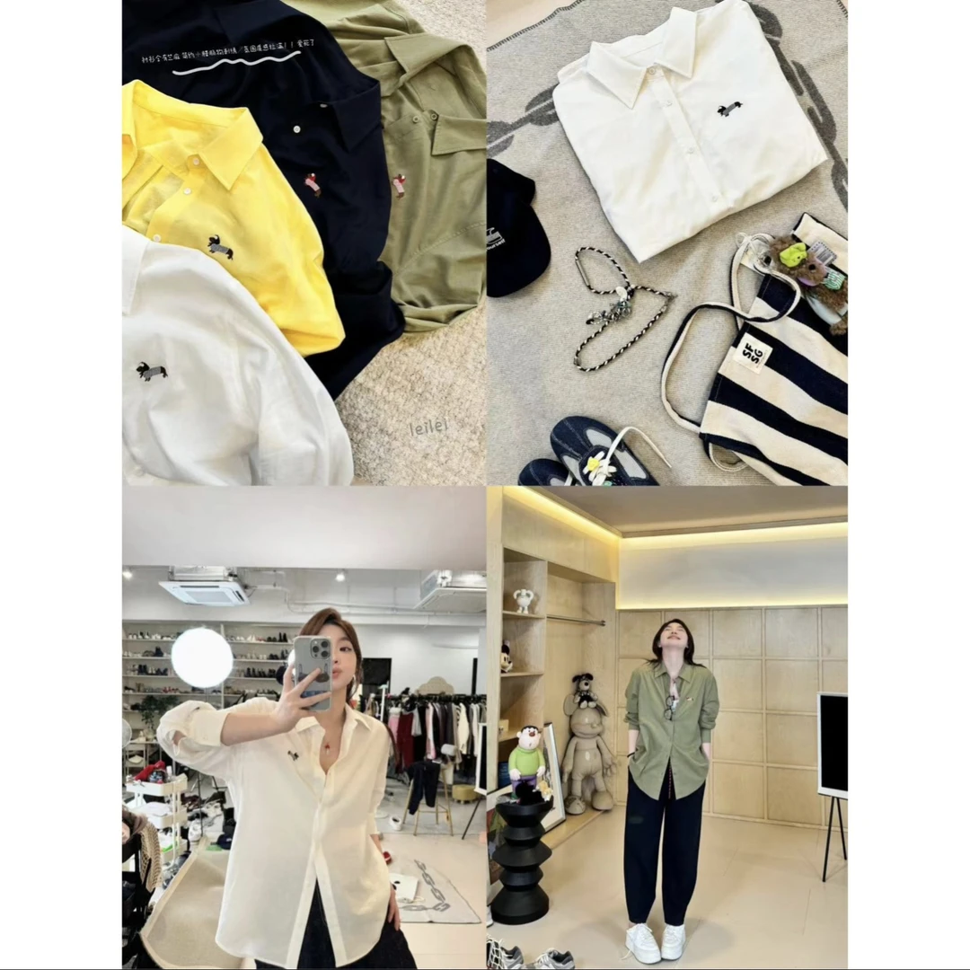 晶咕【腊肠狗】韩版简约纯色polo领欧若风腊肠狗刺绣宽松休闲衬衫