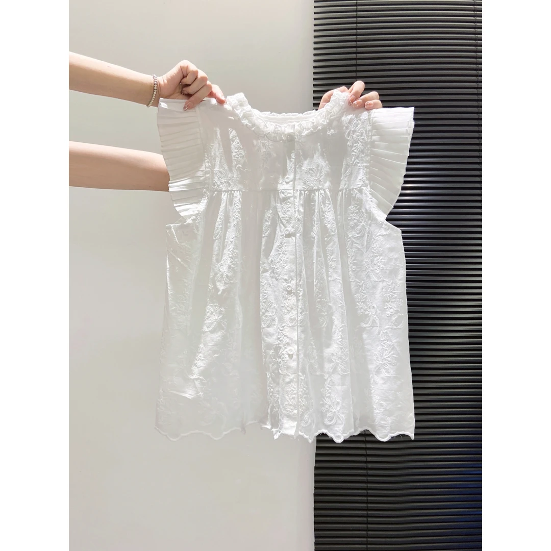 La Chapelle/拉夏贝尔高级感白色小飞袖衬衫女夏季娃娃衫无袖背心