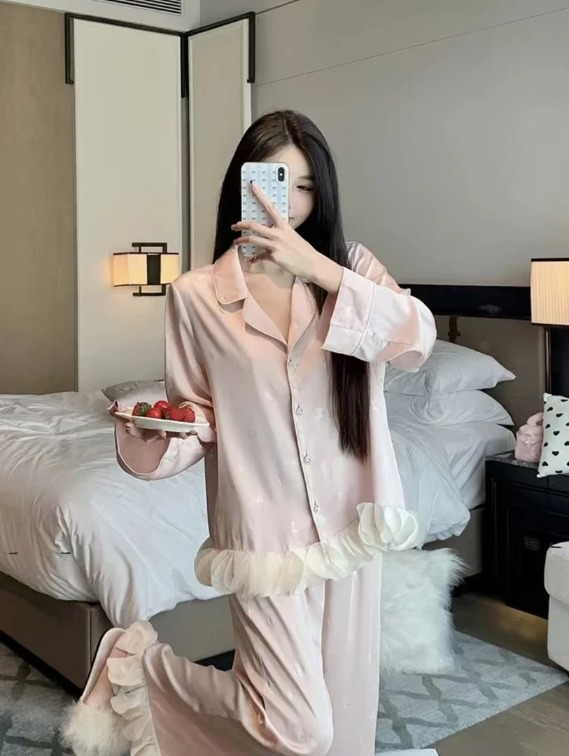 101-158长袖可选带胸垫春秋冰雪软丝睡衣女两件套四季款简约时尚