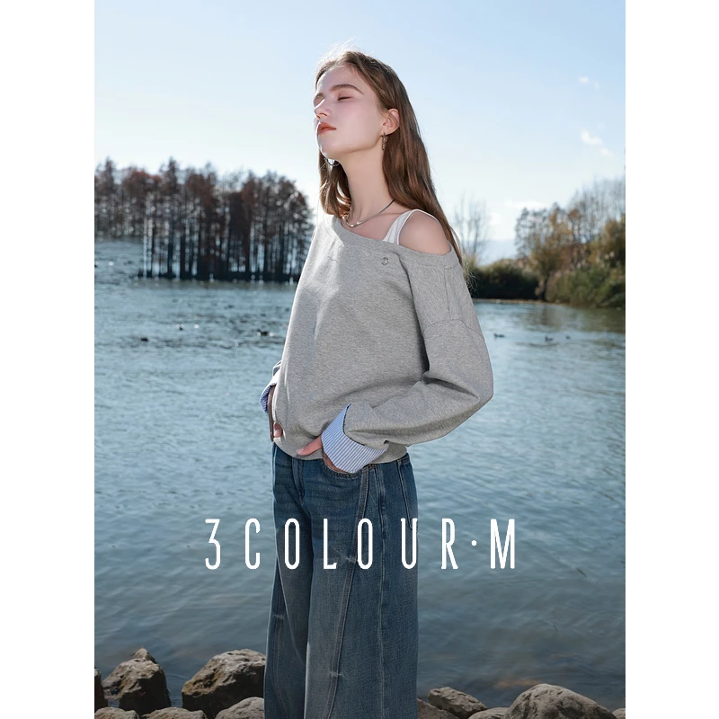 【陈大可专属】三彩2025春季新款假两件斜肩露肩卫衣套头衫圆dbx