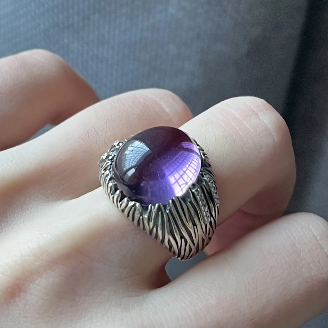 【福玺珠宝】紫水晶蛋面戒指镶嵌s925银（活口）