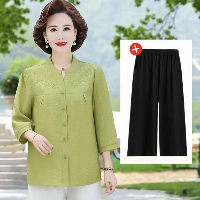 10074-时尚妈妈七分袖夏装开薄款中年女士纯色T恤套装