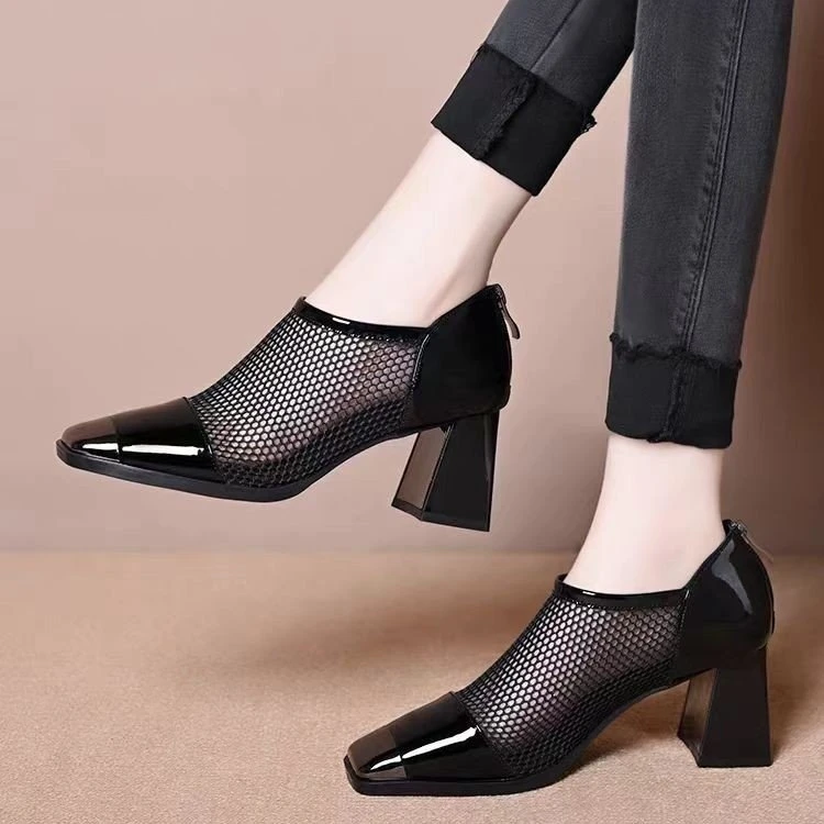 铁头鞋网纱凉鞋2025新款春夏单鞋女百搭粗跟中跟网鞋拉链透气女鞋