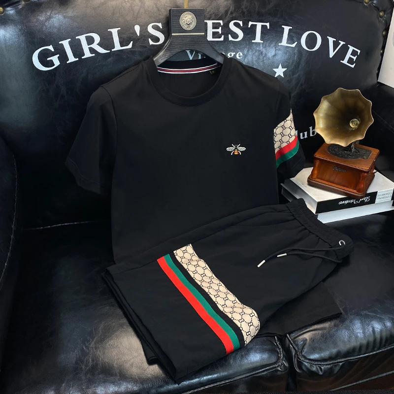 顿奇摩费涅刺绣运动休闲套装男士夏季新款潮牌短袖痞帅气搭配一套