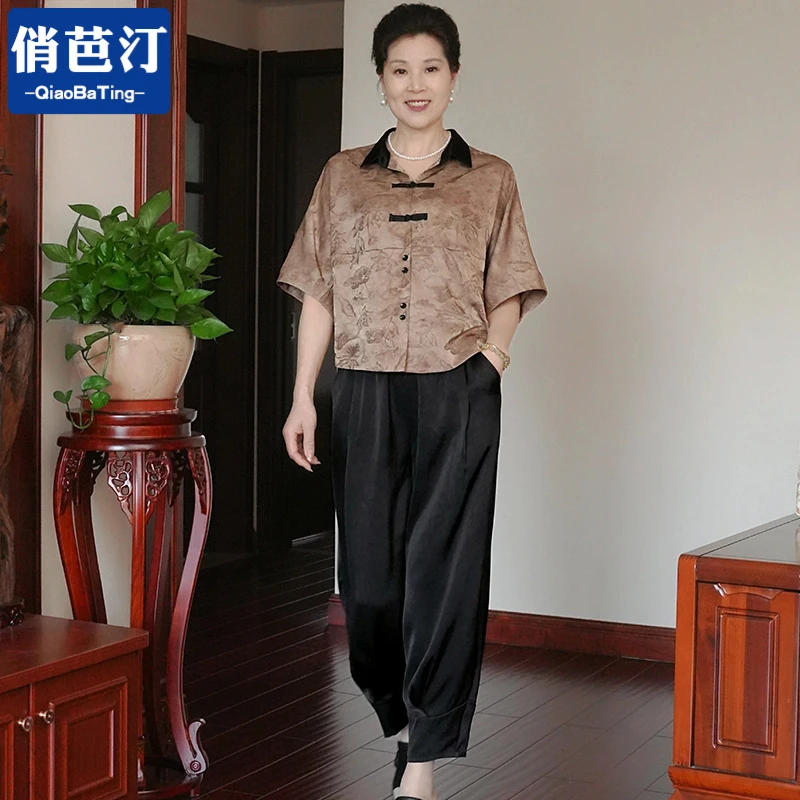 俏芭汀夏季妈妈装中老年时尚印花休闲小衫中国风女高档套装上衣服
