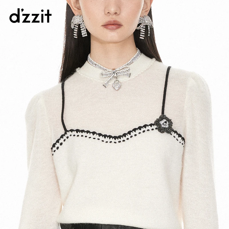 dzzit地素套头针织衫春秋假两件撞色雅丹风上衣女3I1E432