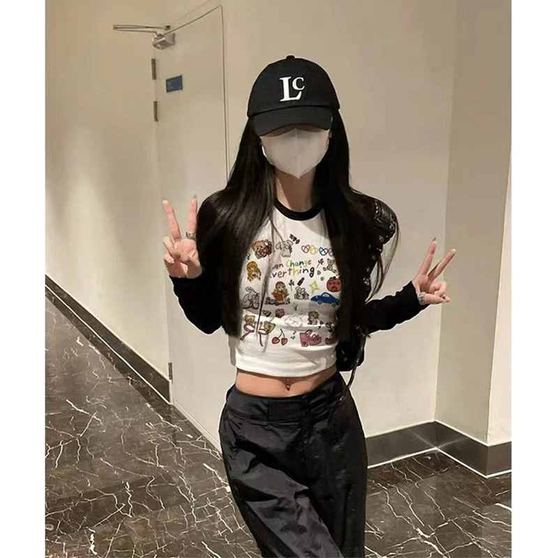 黑白撞色插肩纯棉长袖T恤女春秋季小个子修身显瘦短款甜辣妹上衣