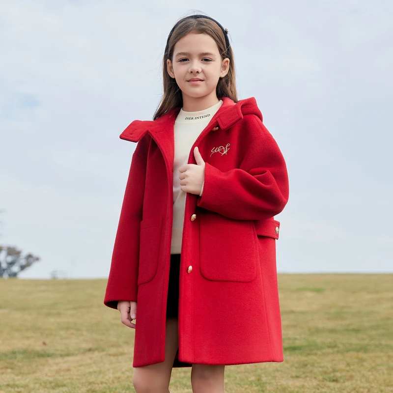 1641女童大衣儿童呢子大衣秋冬款2024新款红色中长款连帽洋气外套