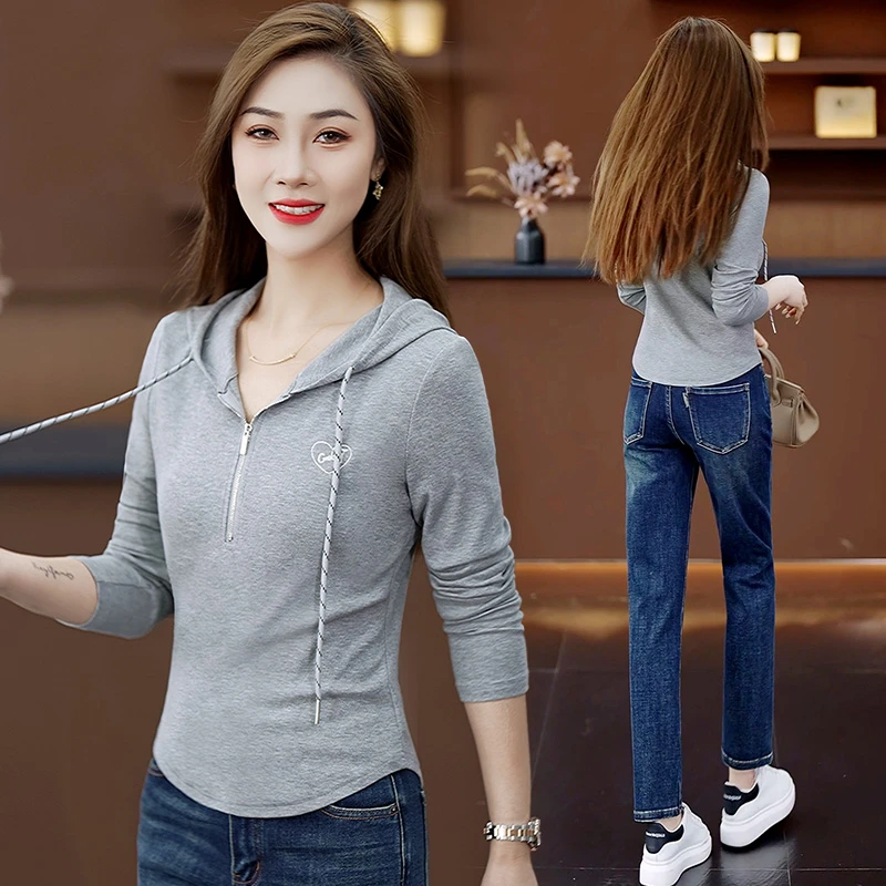 连帽长袖短款T恤2025春秋季修身显瘦秋装运动休闲打底薄款上衣