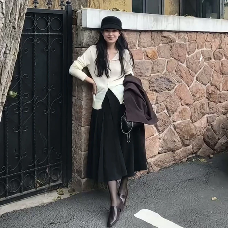 法式气质宽松翻领长袖毛衣上衣设计感高腰显瘦半身裙套装女X11288