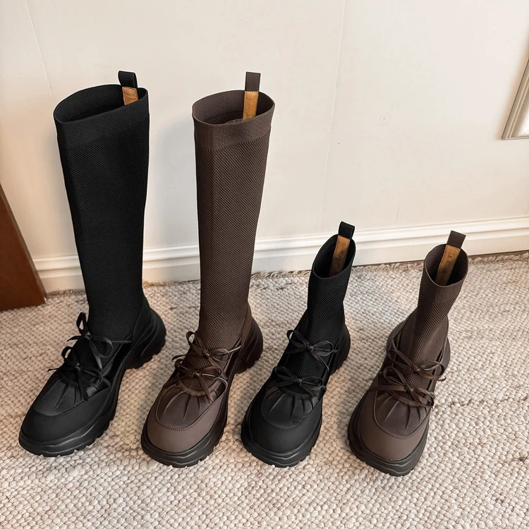 蝴蝶结圆头袜靴厚底弹力瘦瘦靴筒靴英伦弹力靴杨幂同款小个子增高