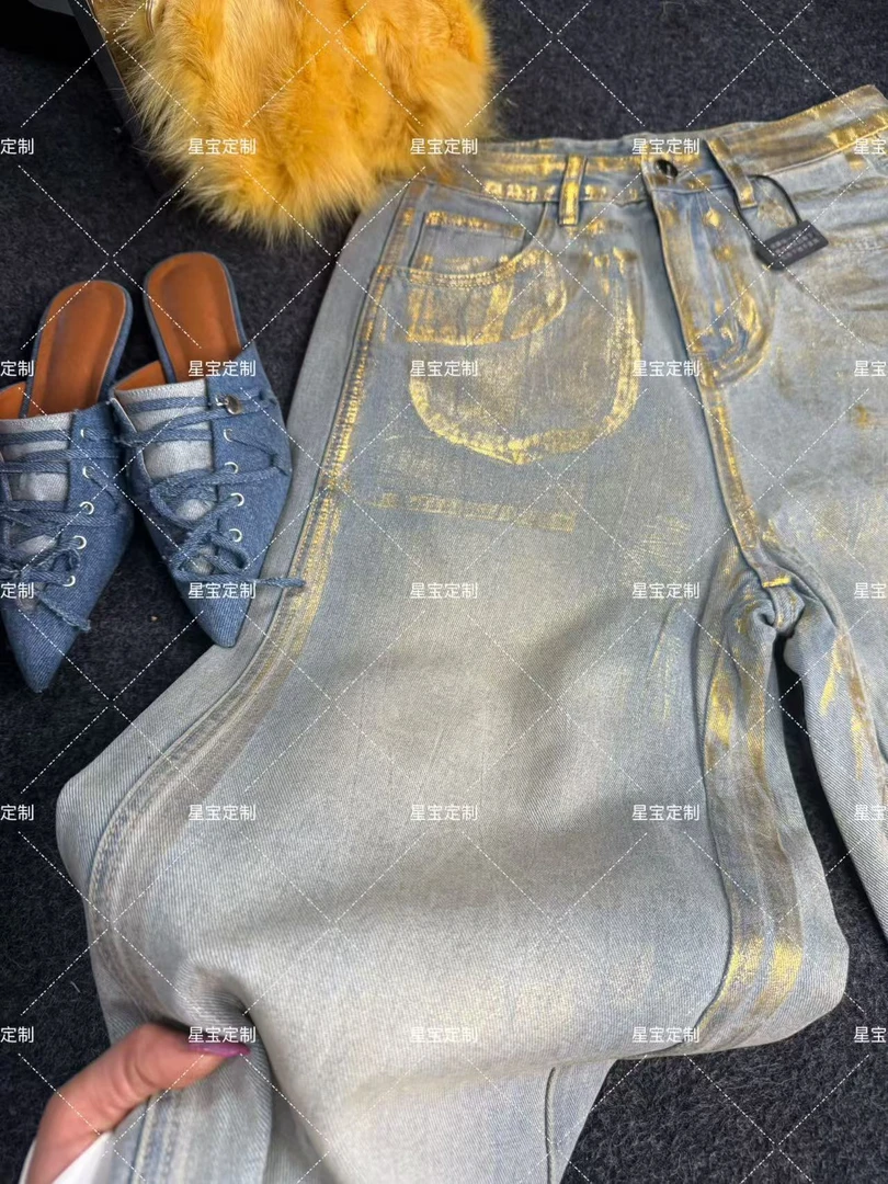 【星宝专属】9009美式时尚复古烫金直筒牛仔裤