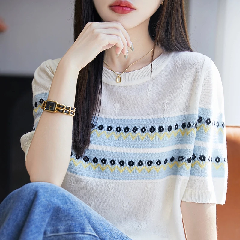 时尚女装品牌夏季圆领条纹提花T恤女宽松撞色女装时尚百搭上衣