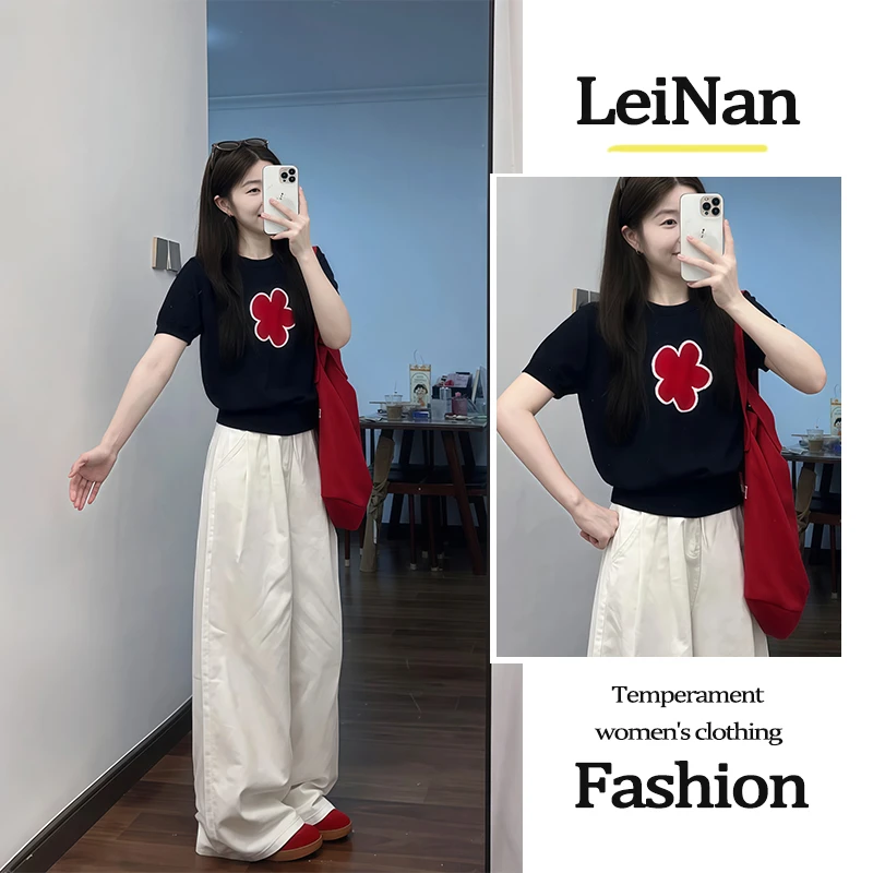 2025夏季新款韩系穿搭小个子藏蓝色短袖上衣搭配白色阔腿裤两件套