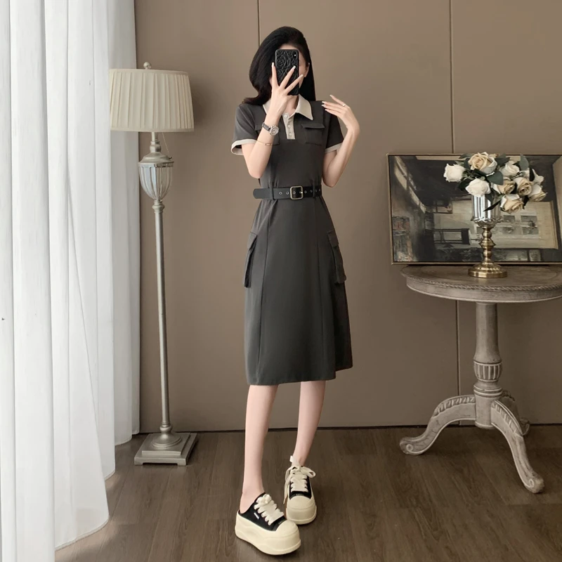 工装风休闲连衣裙女夏季显瘦腰带收腰气质高级感中长款翻领裙子