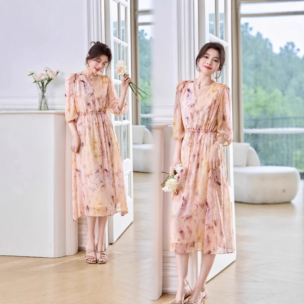 优雅新款桑蚕丝连衣裙女夏2025时尚印花领系带印花裙子粉色法式