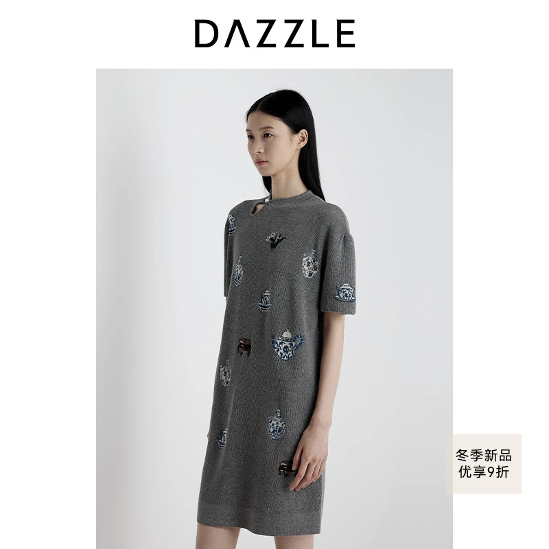 DAZZLE 地素连衣裙2025年夏季新款浅灰色博古宝瓶连衣2J2E642