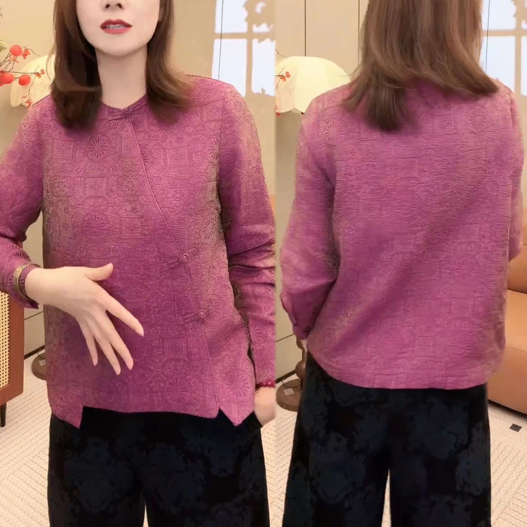 新中式国风印花圆领上衣女2025秋季新款圆领斜襟盘扣长袖百搭衬衫