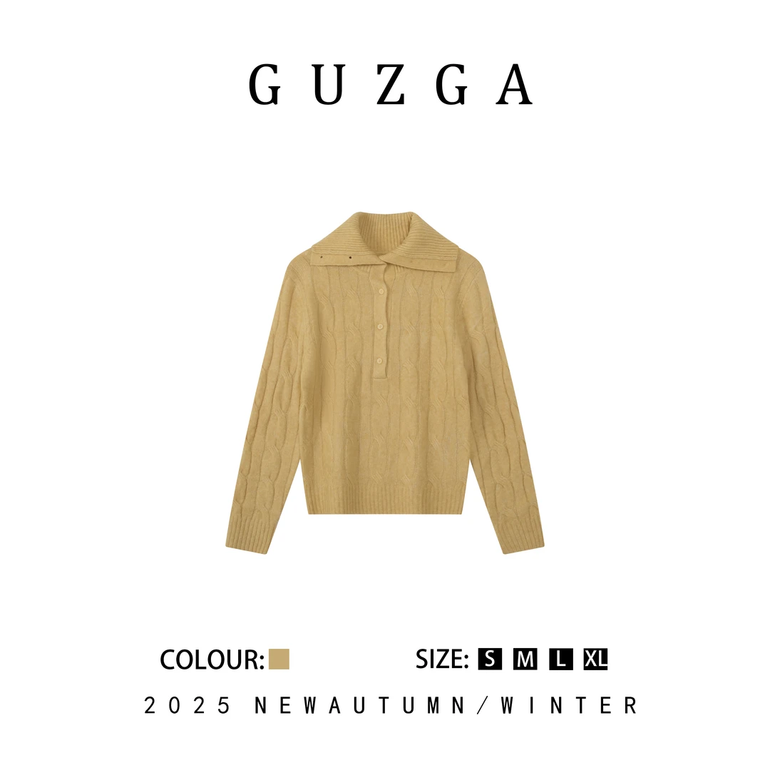 GUZGA【兰薰桂馥】2025秋冬上新黄色绞花翻领针织毛衣时尚百搭