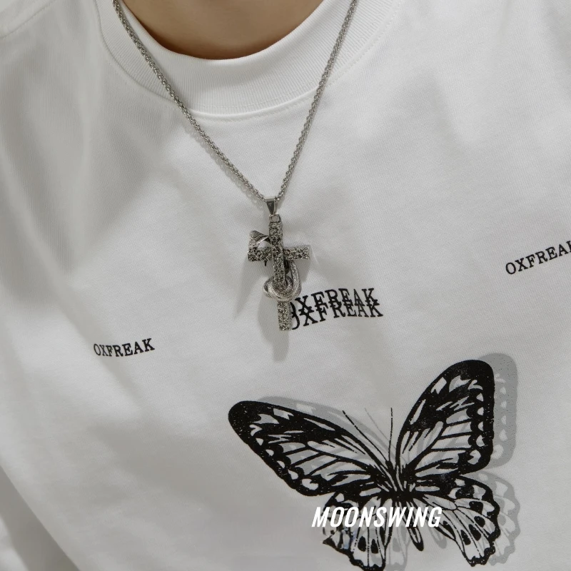 钛钢项链 蛇年做旧蛇雕十字项链男3d效果冷淡风坠链轻奢小众设计