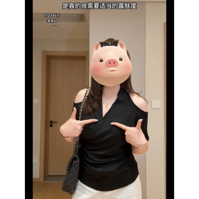 夏季新款设计感显瘦露肩V领收腰性感短袖上衣胖MM大码纯欲风T恤女