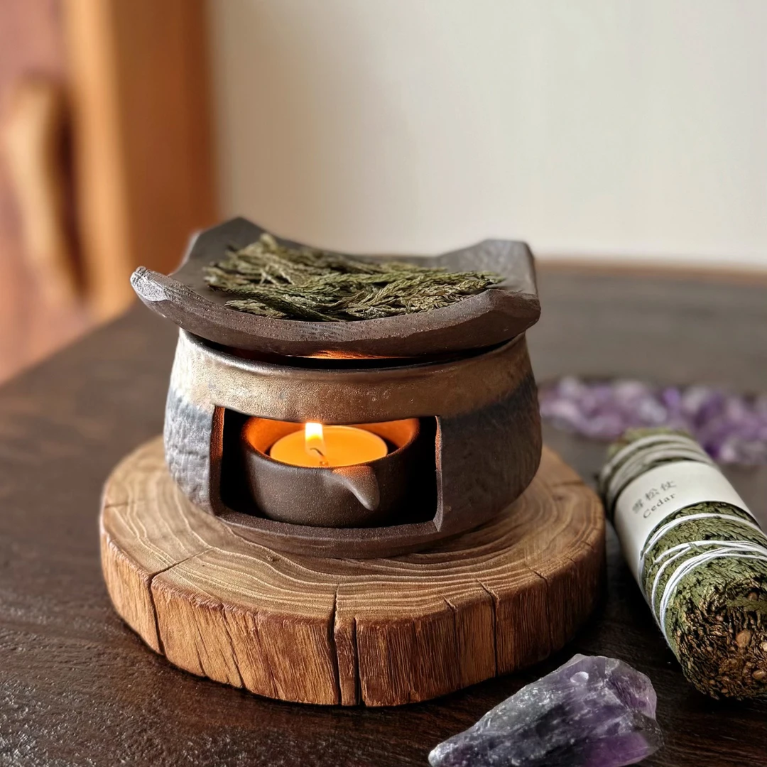 粗陶手作日式烘烤炉陶瓷熏香植物雪松香薰炉蜡烛烤茶炉桌面摆件