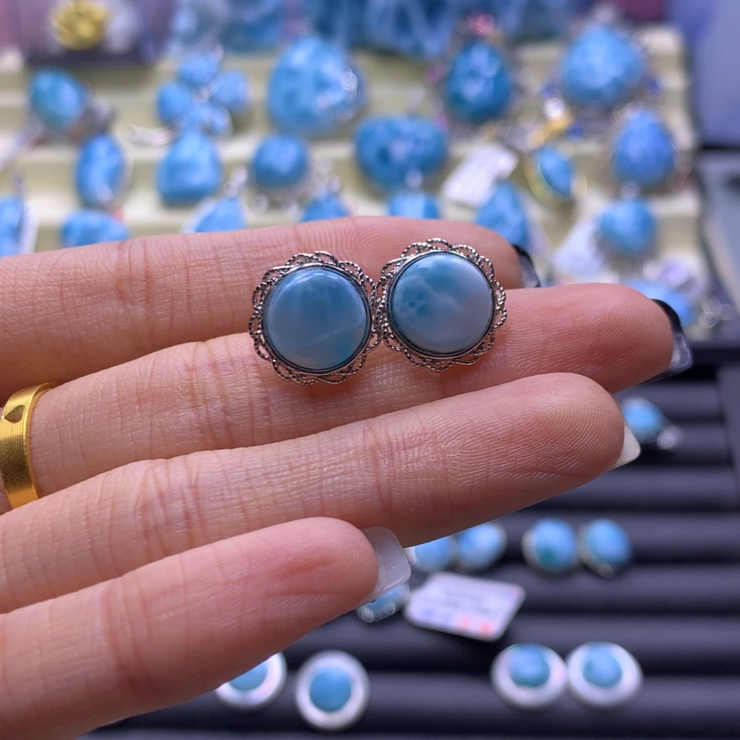 针钠钙石（海纹石）未镶嵌耳饰蛋面耳钉色差略异