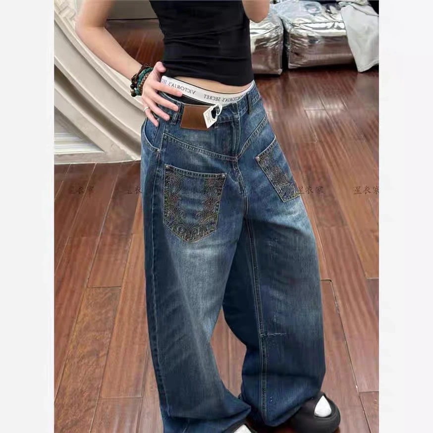 美式复古弯刀牛仔裤男女春秋新款高街设计感宽松显瘦阔腿拖地裤子