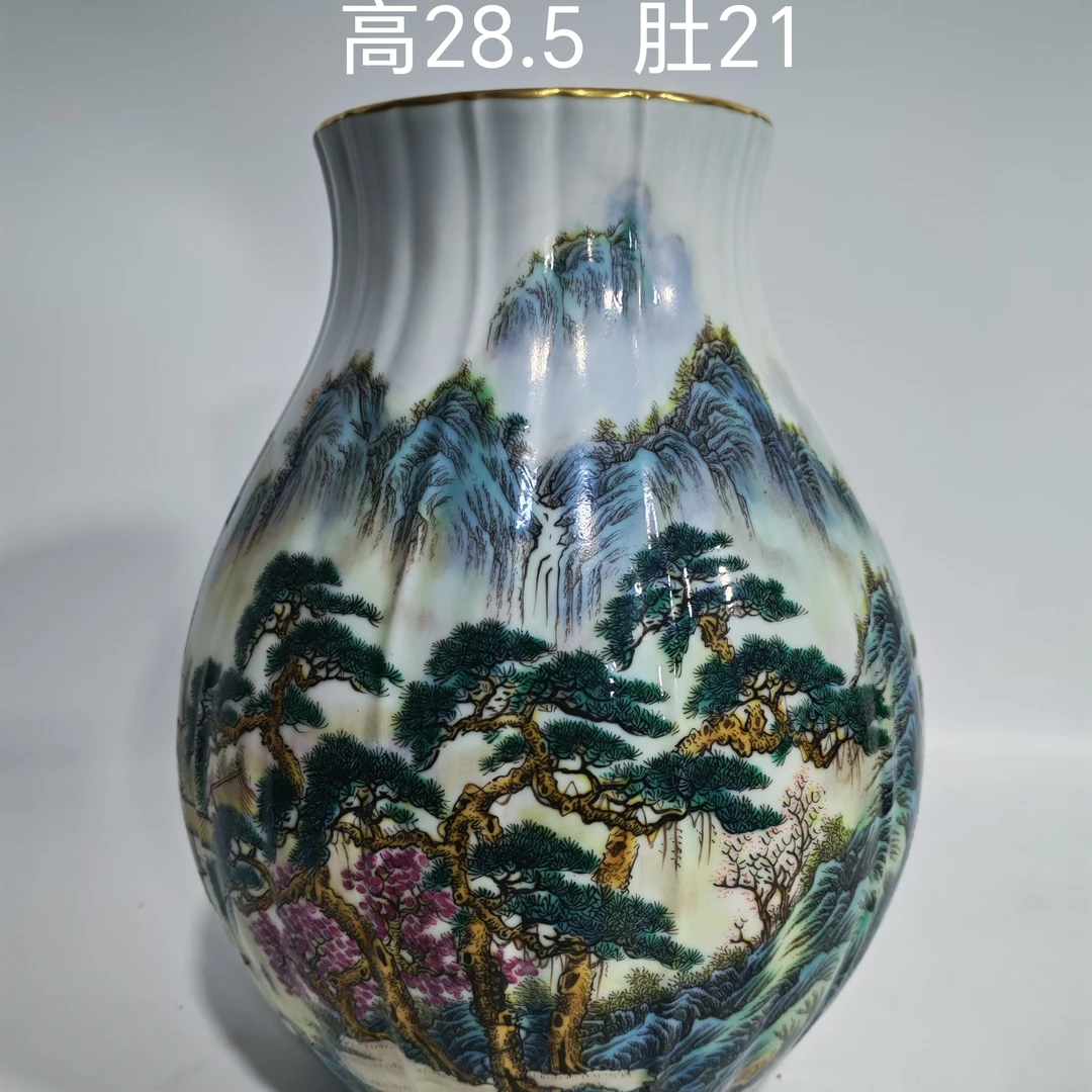 粉彩手工手绘陶瓷山水瓜凌尊摆件精品