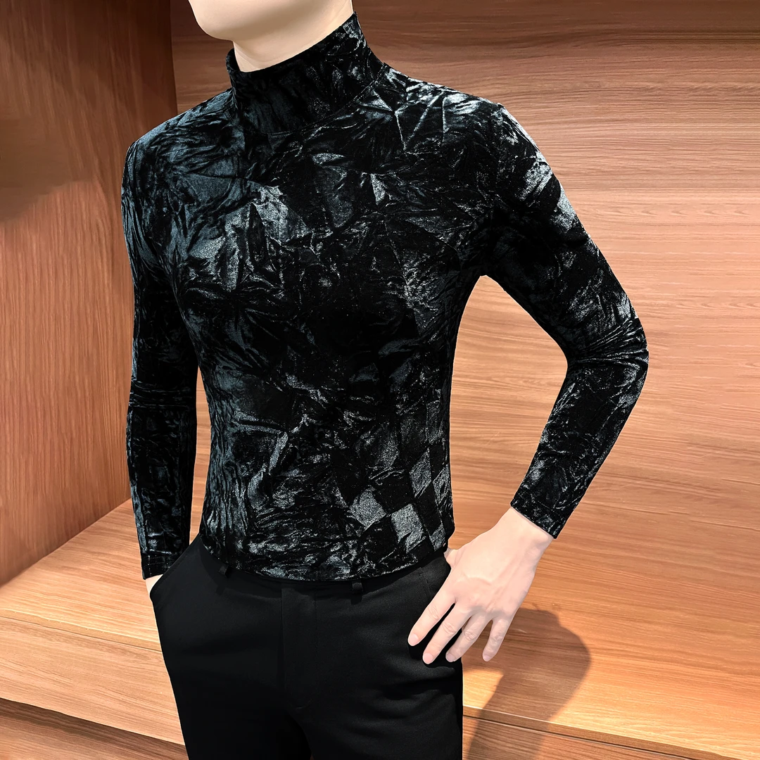 丝绒男士打底衫秋冬爆款2025新款痞帅洋气褶皱半高领内搭长袖t恤