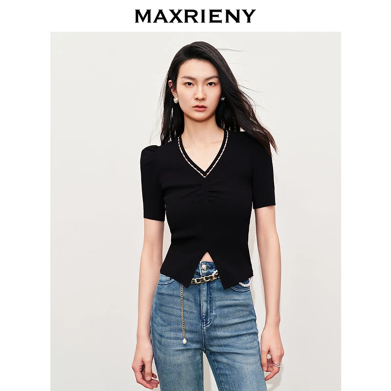 M264【赵老板专属】MAXRIENY优雅复古V领抽褶复古毛衫