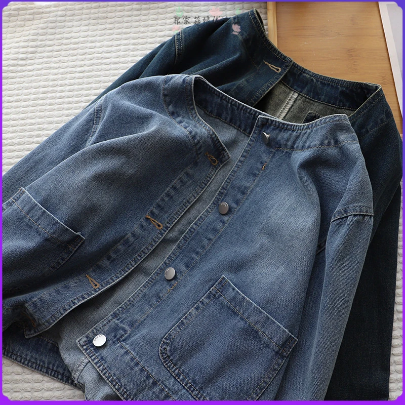 百搭宽松韩版新品2023时尚牛仔外套女装8732早秋大口袋圆领时尚洋