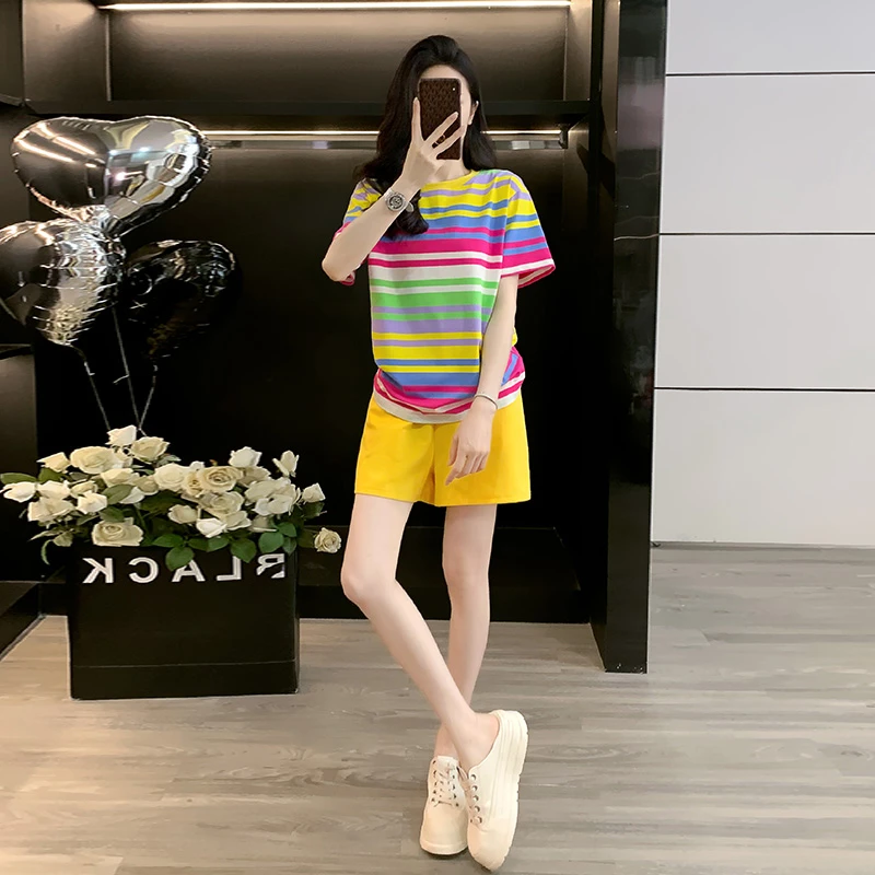 通勤法式条纹宽松短袖短裤运动风休闲风休闲夏季洋气时尚运动套装