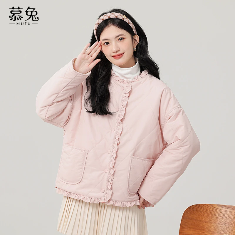 慕兔甜美粉色木耳边棉衣棉服女2025冬季新款加绒加厚宽松显瘦外套