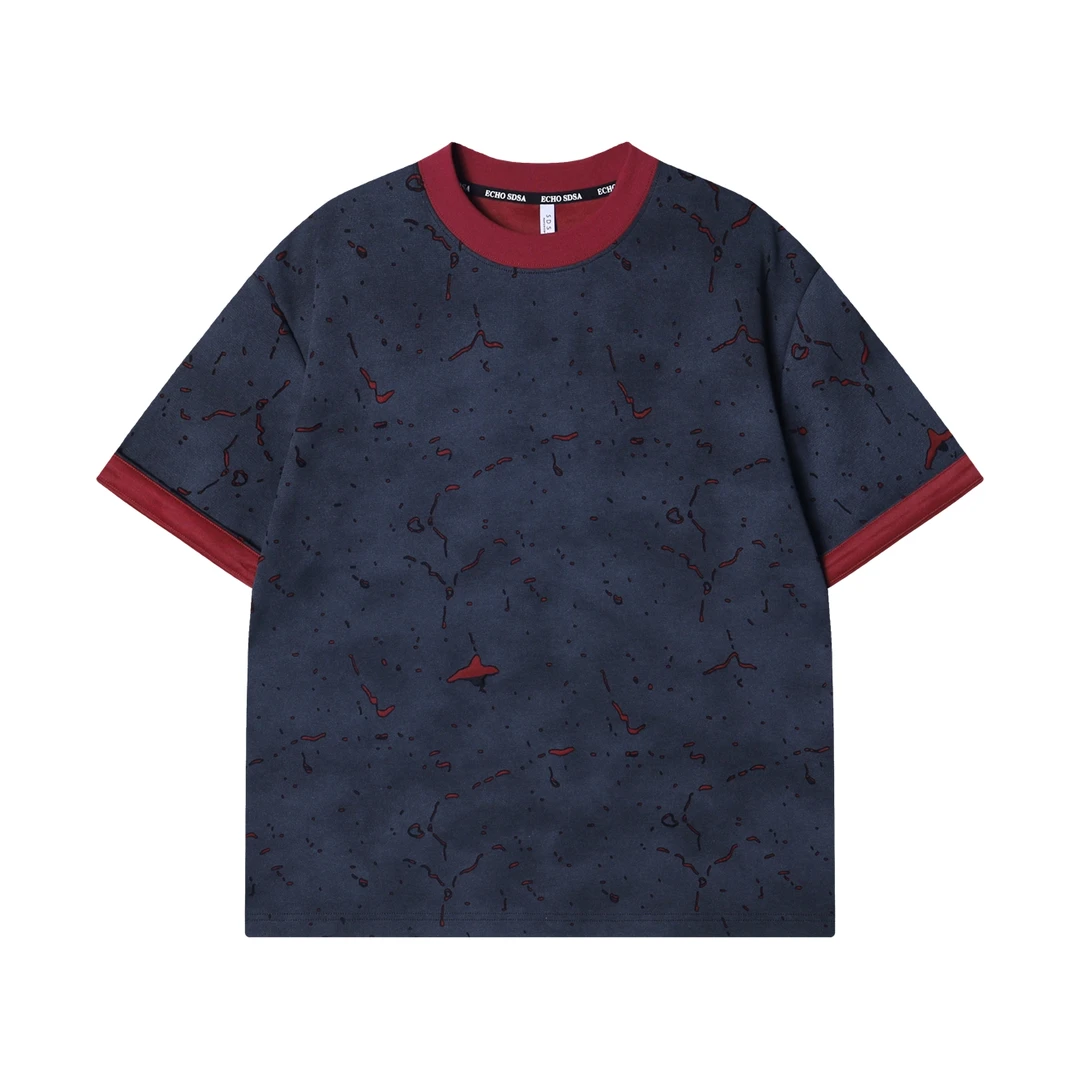 夏季高级感新款韩版扎染撞色磨毛圆领短袖T恤百搭时尚休闲上衣