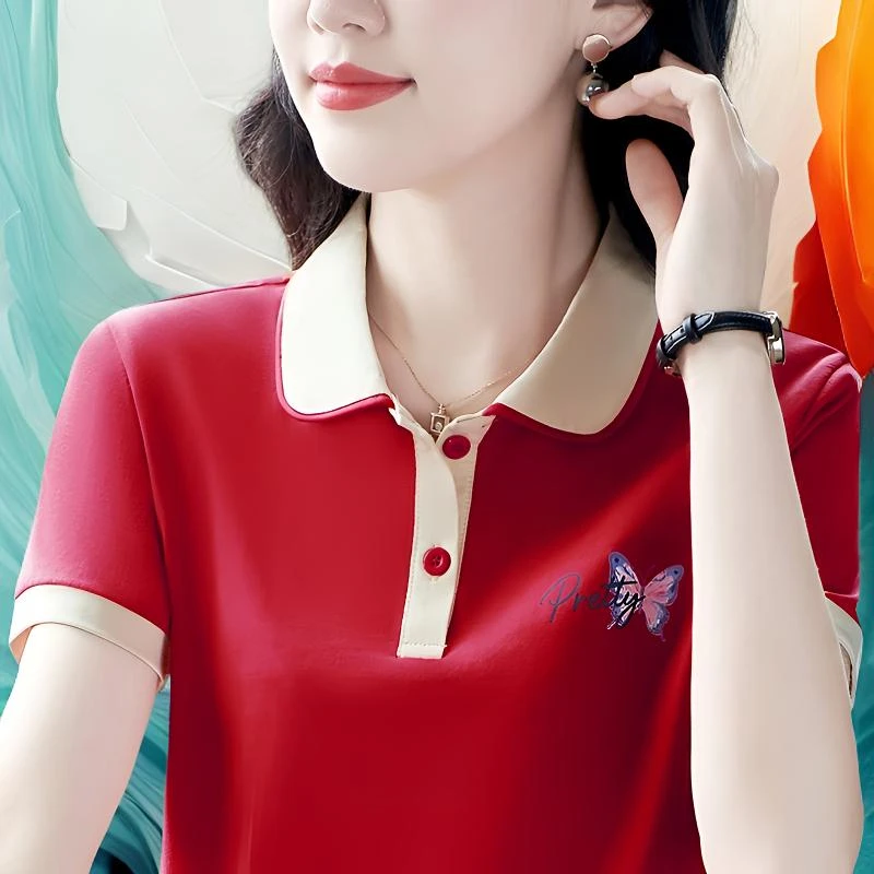 红色港风短袖t恤女夏季新款潮流减龄设计感上衣休闲运动polo衫潮