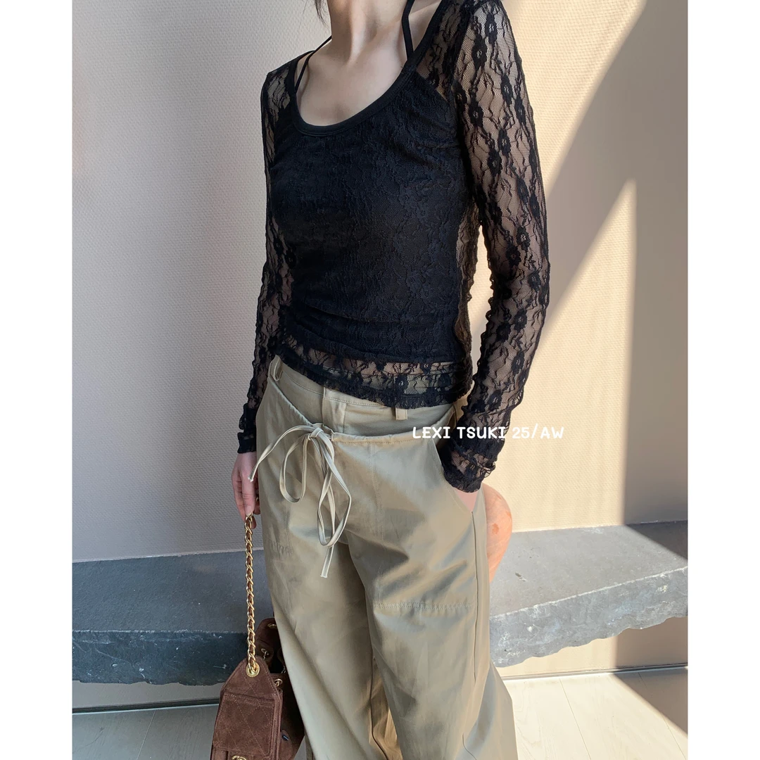 LEXi福（9LX8051#）蕾丝拼接假两件！内搭挂脖长T恤 9-18