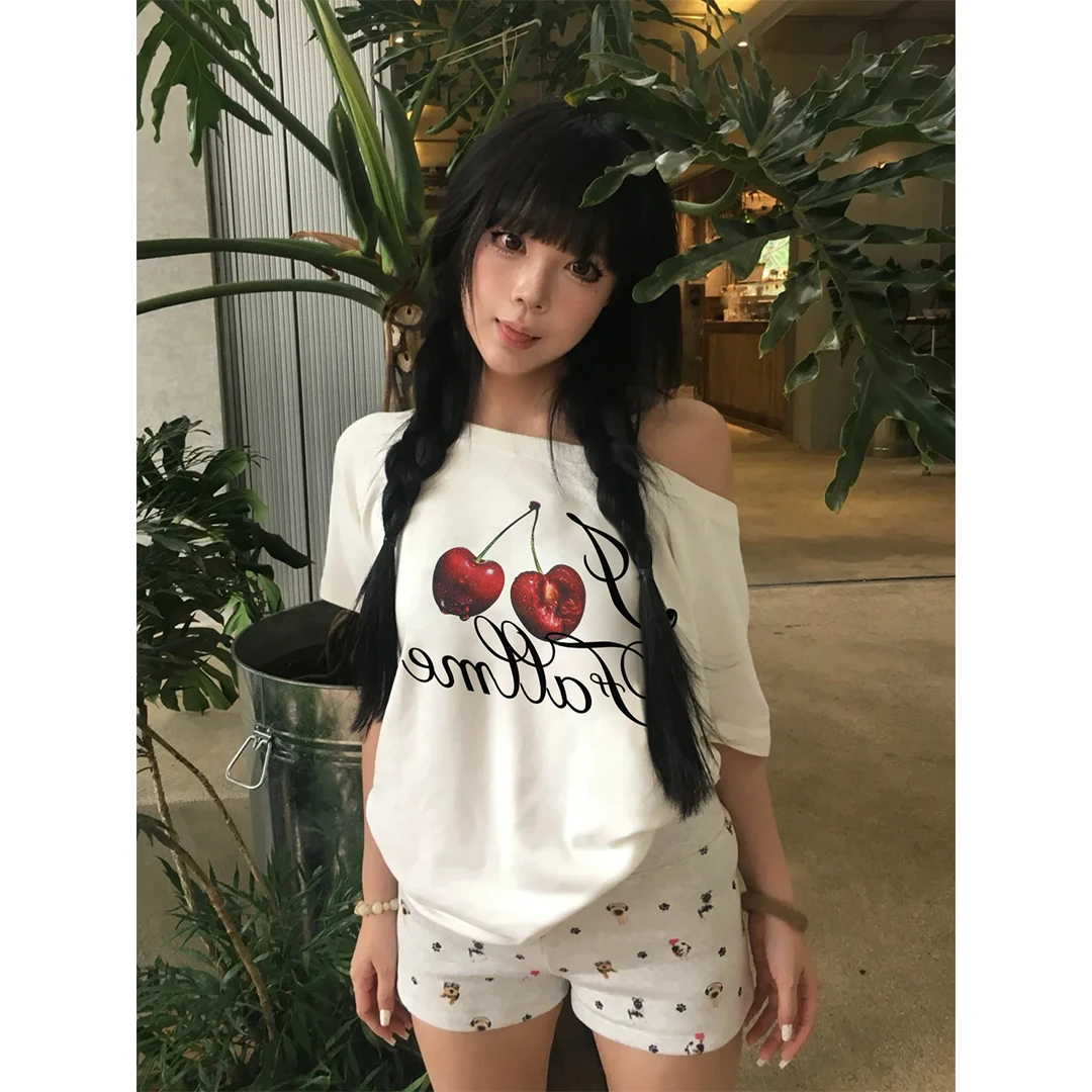 新款美式露肩短袖t恤女夏季新款时尚简约清凉别致甜辣妹穿搭上衣