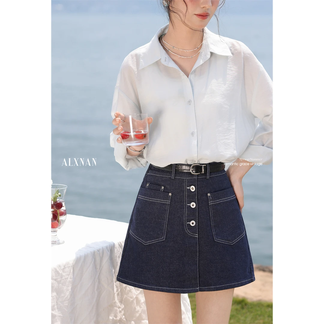 【品牌撤柜款ZB】深蓝色高腰百搭牛仔短裤夏新时尚设计感裤子L55306